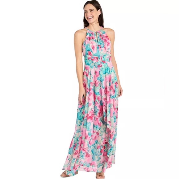 R&M Richards Dresses & Skirts - R & M Richards Women's Floral-Print Halter Gown Pink Green 14 New Cocktail Dress